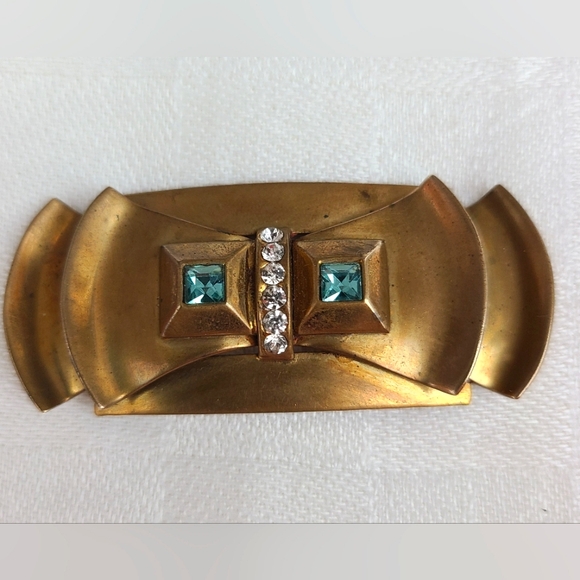 Antique Brass Brooch Set With Aquamarine and AB Rhinestones - Picture 2 of 7